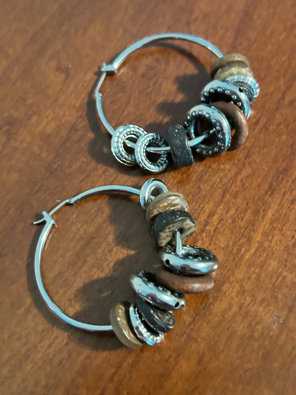 Boho Coconut Wood Silver Hoop Earrings 2" Brown Natural Wood Dangle